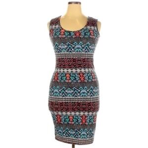 Hot Kiss sz 1X teal BOHO print sleeveless knee length bodycon stretch knit dress